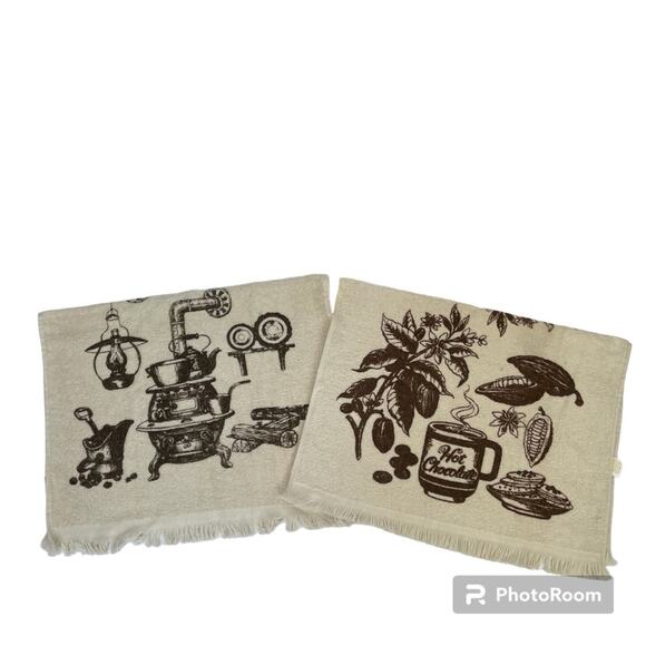 Vintage 70s Tea Towels Hand Towels Brown Retro Hot Chocolate Wood Burning Stove - Picture 1 of 8